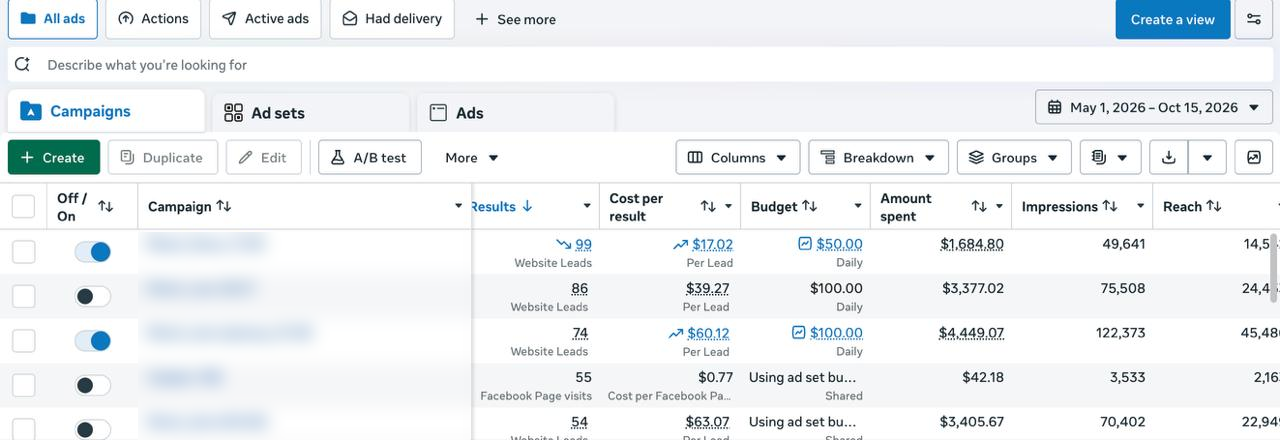 Website lead campaigns, May–Oct 2026